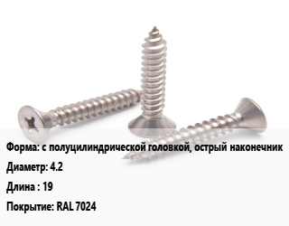 Саморез с полуцилиндрической головкой, острый наконечник D=4.2 L=19 RAL 7024, кг цена от 315 сом / кг, где купить, условия доставки в Оше и Ошской области